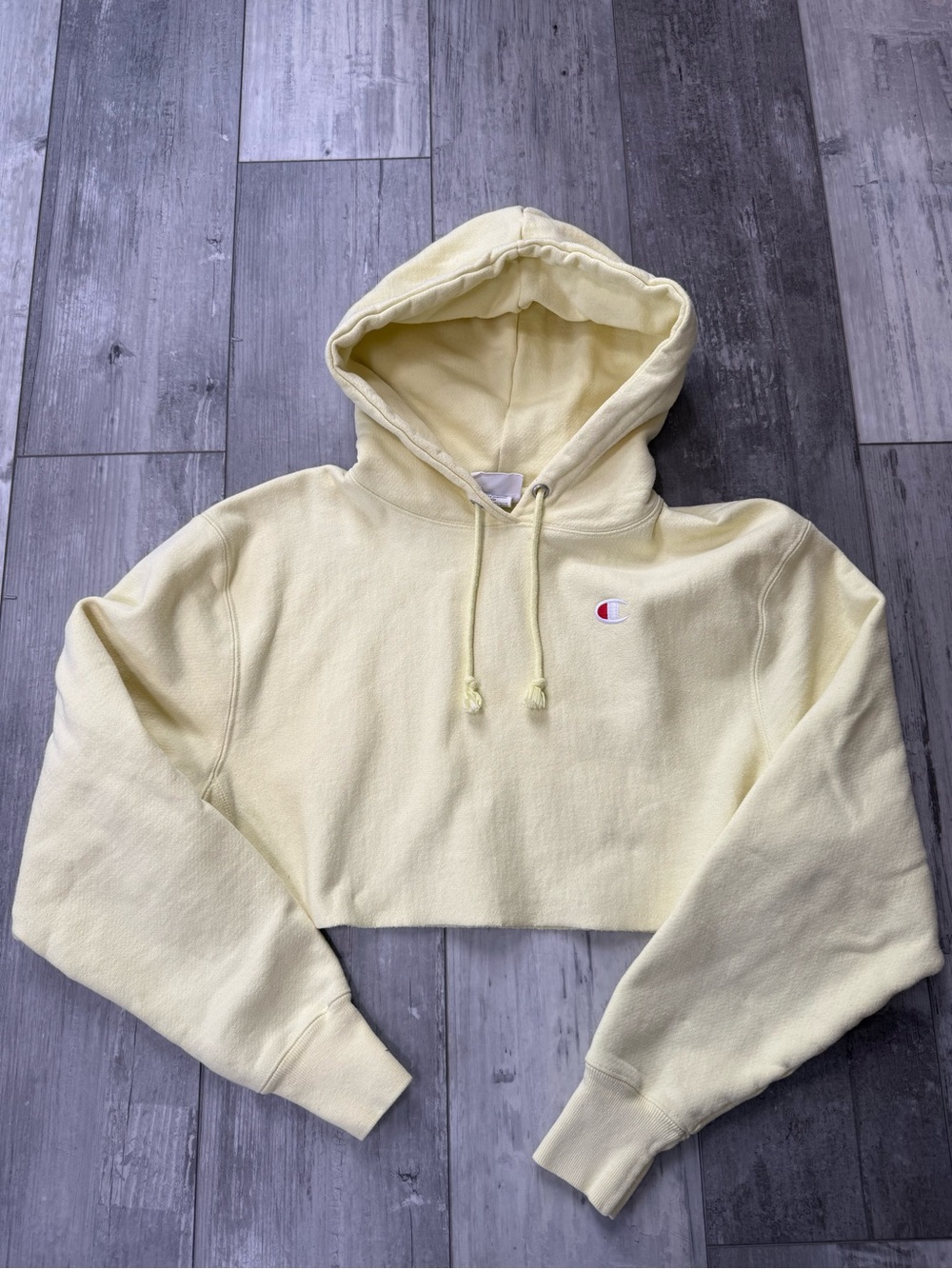 Champion Reverse Weave Cropped Hoodie XS Butter Yellow Raw Hem